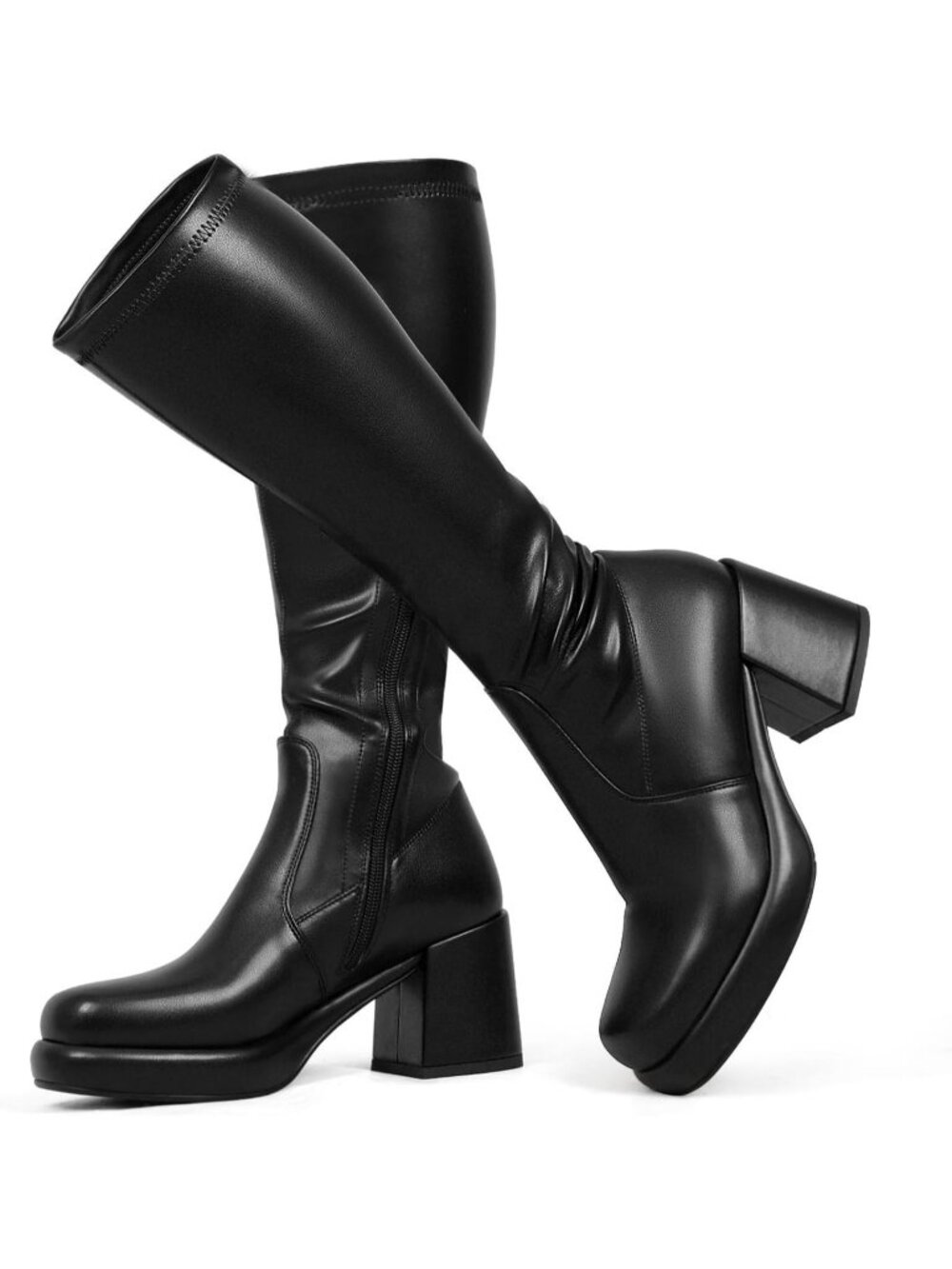 Women Publack Side Zip Knee High Platform Chunky Heel Boots